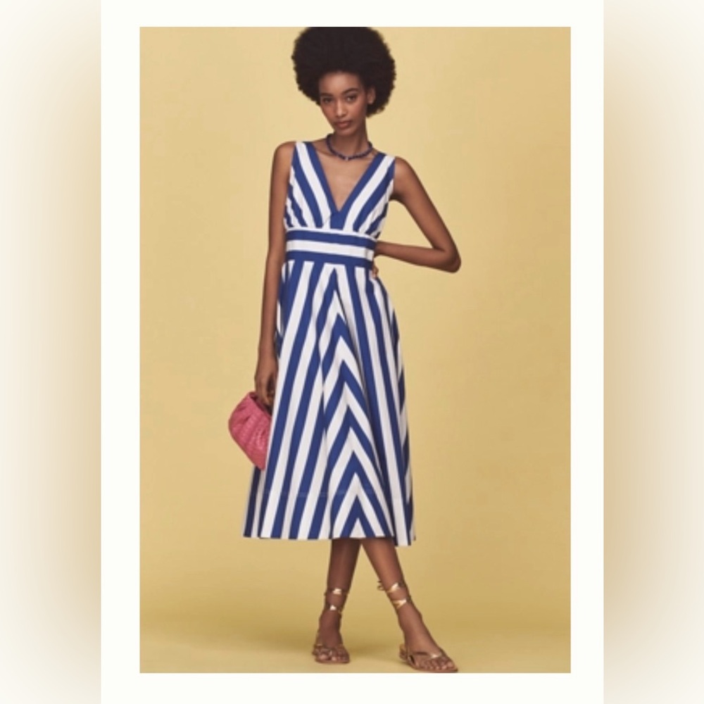 ANTHROPOLOGIE V-NECK SLEEVELESS FIT & FLARE MIDI DRESS in BLUE MOTIF